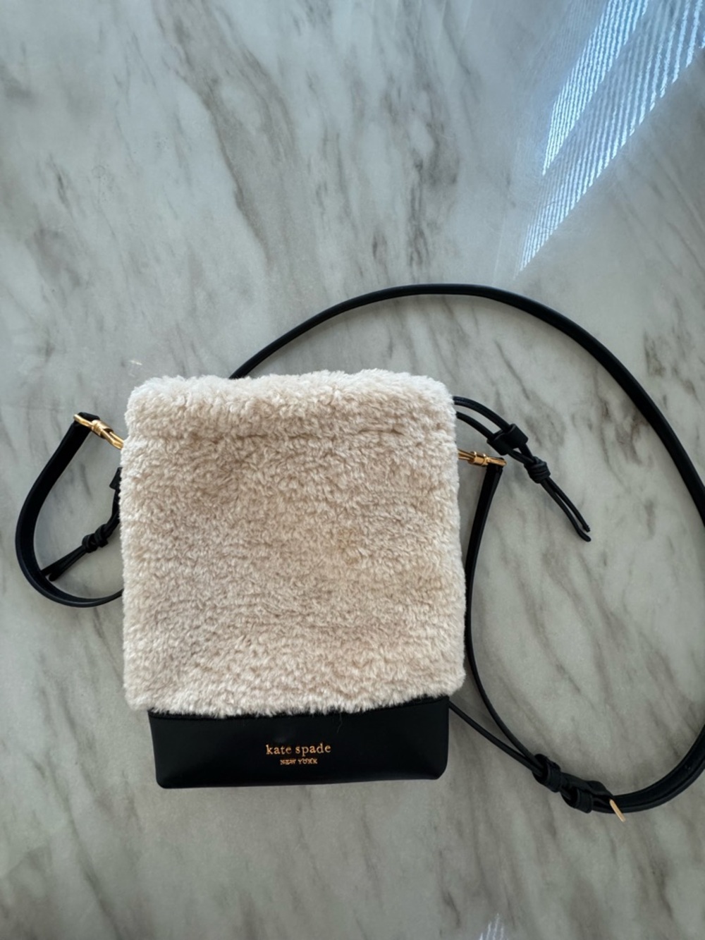 kate spade Cream Sherpa and Black Crossbody Pouch with Gold Hardware